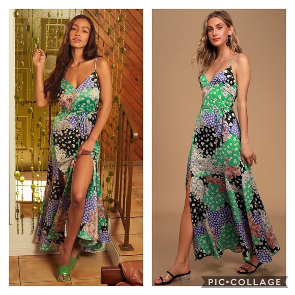 Lulu's | Dresses | Lulus Bold Beauty Green Floral Satin Maxi Dress | Poshmark